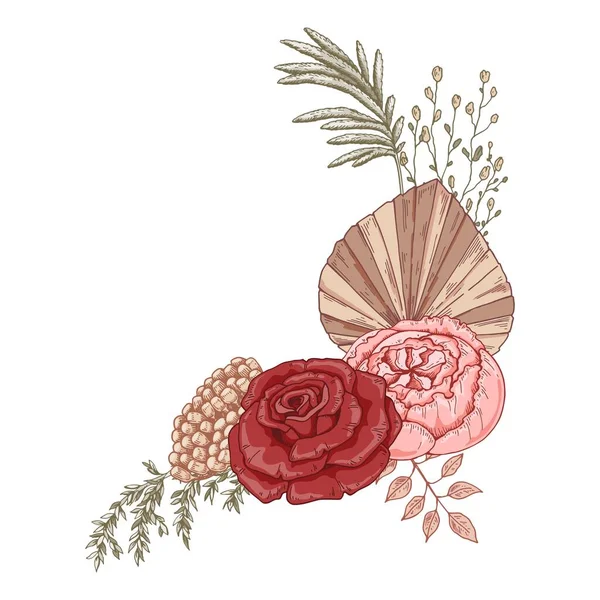 Modern Dried Flowers Composition Boho Bouquet Hand Drawn Vector Illustration — Stok Vektör