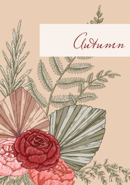 Autumn vertical background with modern floral elements. Hand drawn botanical vector illustration. Space for text