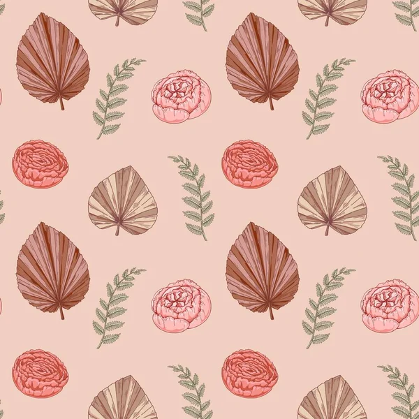 Vintage Seamless Pattern Roses Boho Wallpaper Design Hand Drawn Vector — Vector de stock