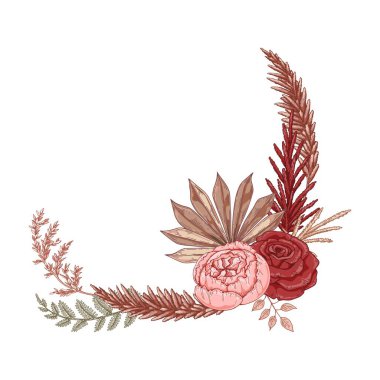 Modern dried flowers composition. Boho bouquet. Hand drawn vector illustration