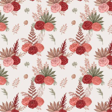 Vintage seamless pattern with roses. Boho wallpaper design. Hand drawn vector illustration