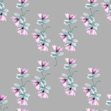 Gri arkaplan üzerinde suluboya mor şeffaf çiçekler dikişsiz desen