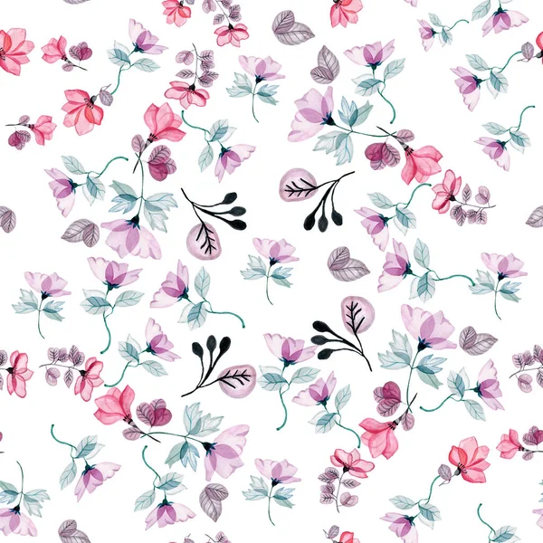 Digital Paper Bakgrund sömlös mönster för textilier akvarell Delikat blommor rosa lila blått — Stockfoto