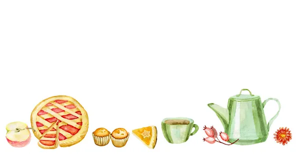 Tarta, manzana. hornear. muffoes, taza, banner de tetera para redes sociales — Foto de Stock