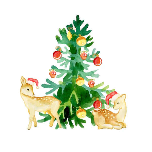 Ilustração de Natal aquarela com veados e uma árvore para cartões, sacos de presente — Fotografia de Stock