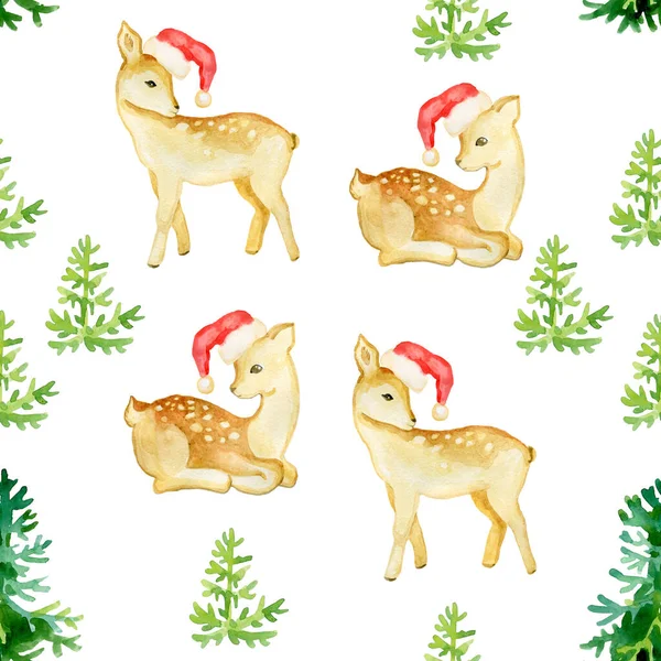 Aquarell nahtlose Muster Weihnachten mit Bäumen, Hirschen, Dekorationen — Stockfoto