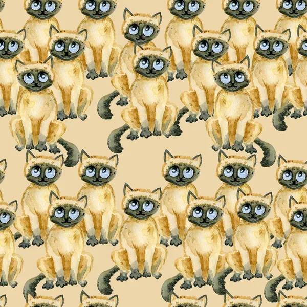 Seamless Pattern Thai Cat Watercolor Hand-Worn Fabric Digital Paper