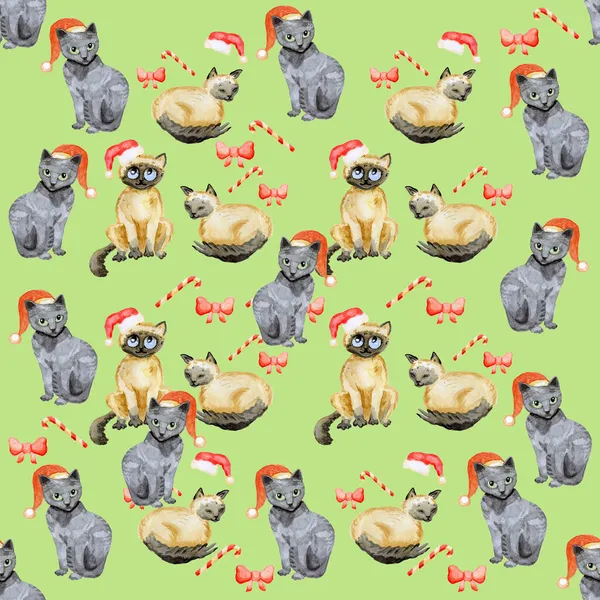 Weihnachten Katzen Aquarell von Hand nahtlose Muster digitales Papier Hintergrund — Stockfoto