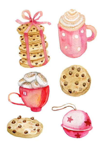 クリスマス食品ココアクッキーは、分離要素の手セットによって公正水彩でお菓子をプレゼント — ストック写真