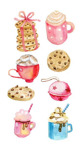 クリスマス食品ココアクッキーは、分離要素の手セットによって公正水彩でお菓子をプレゼント — ストック写真
