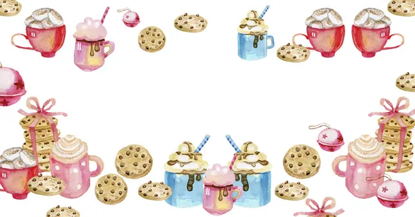 Banner Horizontal para Redes Sociais Doces de Natal e Bebidas Cookies Café de Cacau Aquarela à Mão — Fotografia de Stock