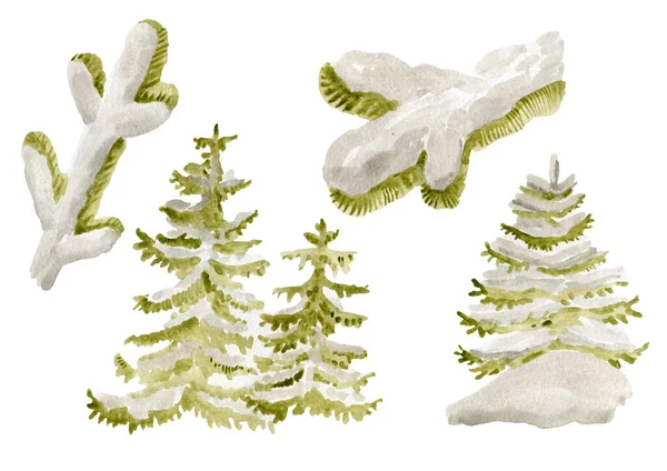 Weihnachtsbäume unter dem Schnee Aquarell Illustration von Hand Reihe von isolierten Elementen — Stockfoto