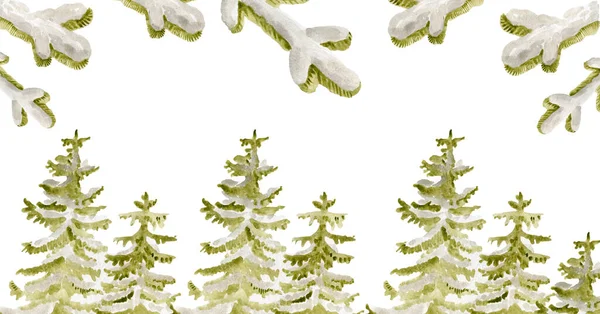 Bożonarodzeniowy nastrój choinki w lesie ze śnieżnym akwarelowym poziomym transparentem na portalach społecznościowych — Zdjęcie stockowe