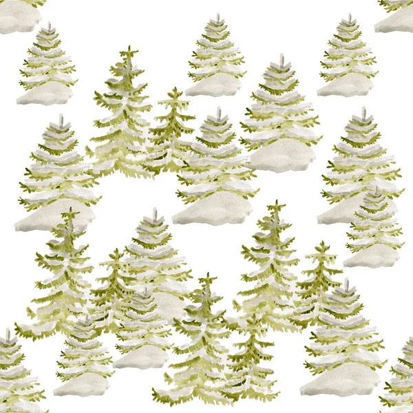 Modello senza soluzione di continuità albero di Natale nella foresta di neve inverno acquerello tessuto di sfondo — Foto Stock