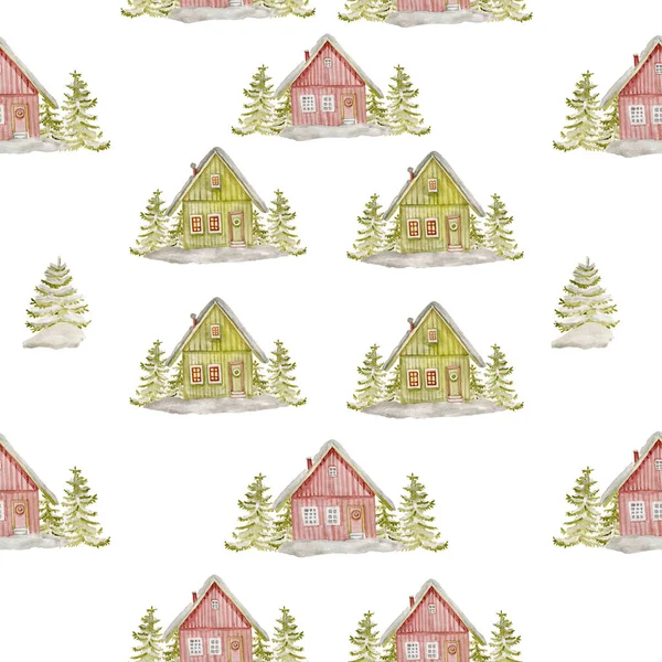 Navidad acuarela casa árboles nieve invierno patrón inconsútil papel de embalaje —  Fotos de Stock