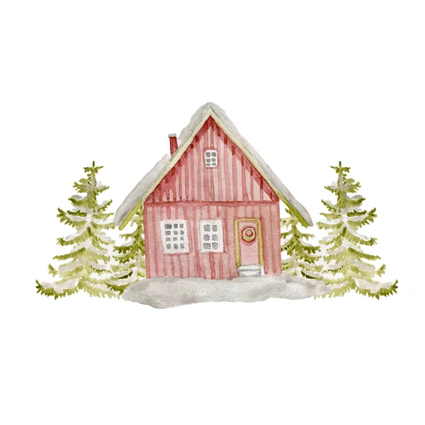 Maison chalet Arbres de Noël hiver aquarelle à la main pour cartes postales — Photo