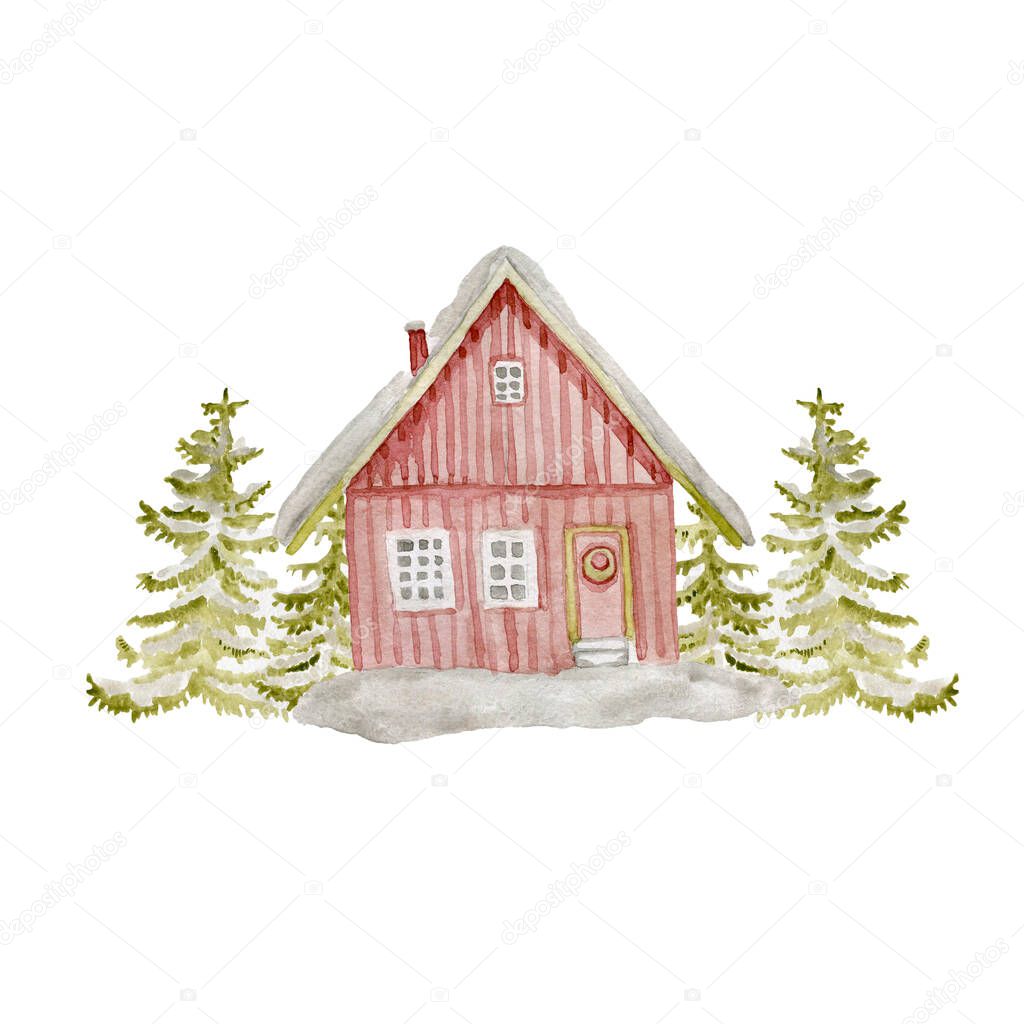 House chalet Christmas trees winter watercolor by hand for postcards