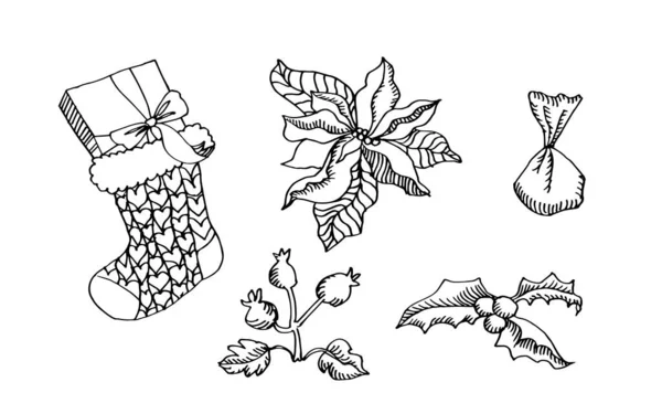 Різдвяний намальований ветеринарний лінійний шкарпетка для подарунків гострих листових тростинок гілок, з'їдених конусами прикраси — стоковий вектор