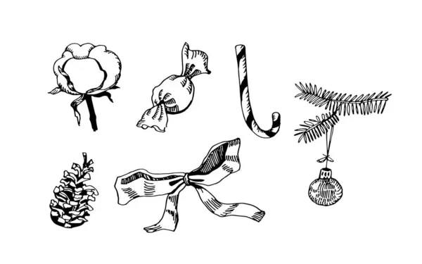 Navidad calcetín lineal vetor dibujado a mano para regalos hojas afiladas bastones ramas comido conos decoración — Vector de stock