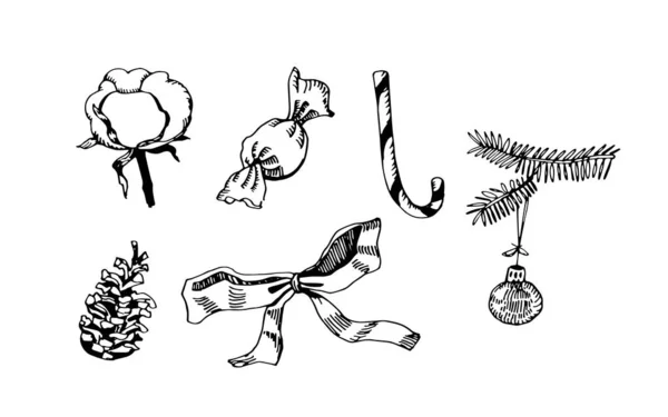 Χριστουγεννιάτικη χειροποίητη vetor γραμμική κάλτσα για δώρα αιχμηρά φύλλα μπαστούνια κλαδιά φαγωμένα κλαδιά κώνους διακόσμηση — Διανυσματικό Αρχείο