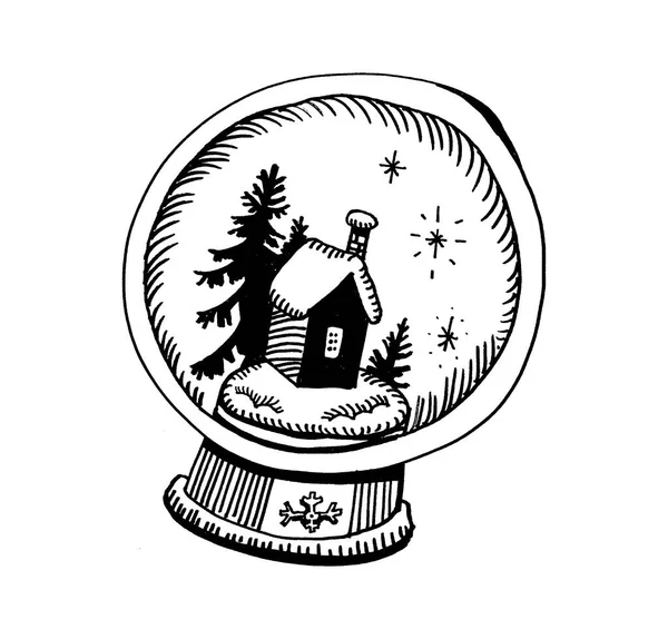 บอลแก้วของที่ระลึกคริสต์มาสกับหิมะเวกเตอร์วาดด้วยมือ — ภาพเวกเตอร์สต็อก