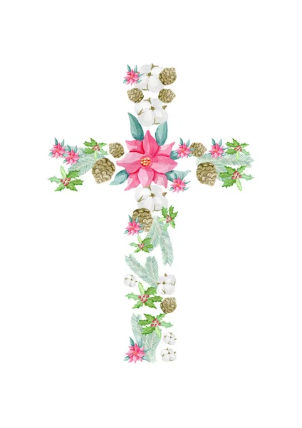 Kříž květin pro vánoční svátky větve šišky bavlna broušené akvarely ručně — Stock fotografie