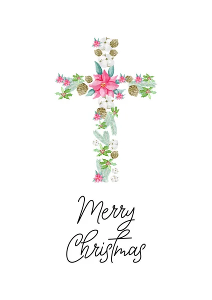 สุขสันต์วันคริสต์มาส สาขา Poinsettia สปรูซโคน ผ้าฝ้าย กางเขนดอกไม้ — ภาพถ่ายสต็อก