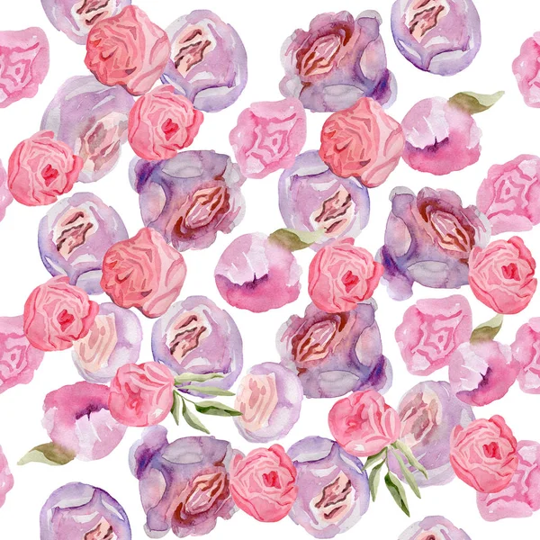 Akwarela Fioletowe róże Materiał Bezszwowy wzór Romantyczny Eleganckie pąki kwiatowe — Zdjęcie stockowe