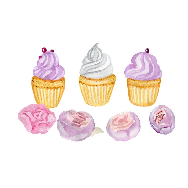 Kue mangkok Muffin berwarna merah muda dan ungu diisolasi di cat air latar belakang cemara dengan tangan — Stok Foto