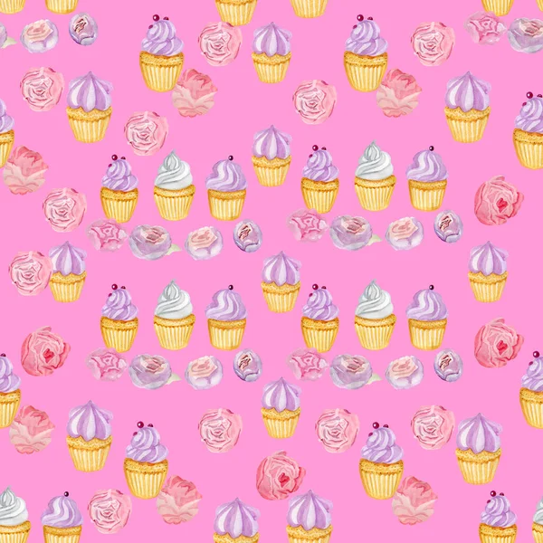 Cupcakes rosa pacífico subiu peônias padrão sem costura para o tecido — Fotografia de Stock