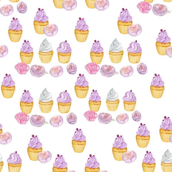 Cupcakes rosa pacífico subiu peônias padrão sem costura para o tecido — Fotografia de Stock