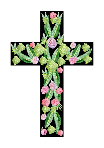 Korset gjort av blomma knopp blad i akvarell för hand isolerad på en vit bakgrund för kyrka broschyrer av sociala nätverk webbplatser — Stockfoto