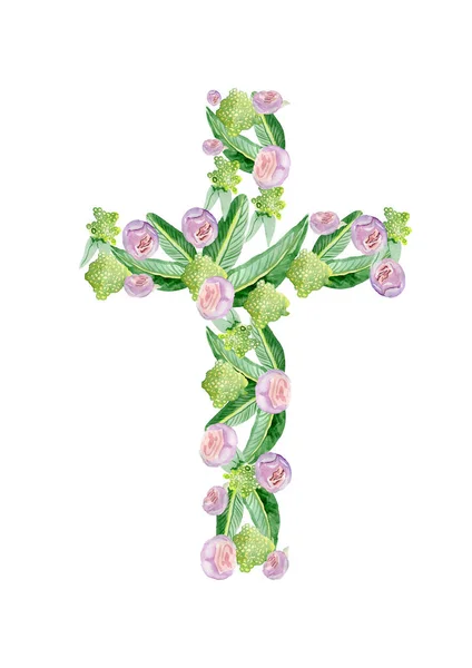 Croix faite de feuilles de bourgeons floraux à l'aquarelle isolée à la main sur un fond blanc pour les brochures de l'église des sites de réseautage social — Photo