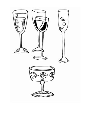 Farklı şekil ve boyutlarda cam camlar elle çizilmiş vektör.