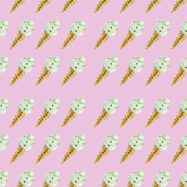 Acuarela con helado de mano en un cono pacífico fondo rosa patrón sin costuras para la tela —  Fotos de Stock