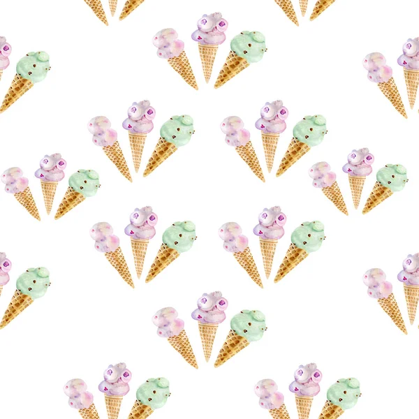 Watercolor by hand ice cream in a cone background seamless pattern for fabric — Fotografia de Stock