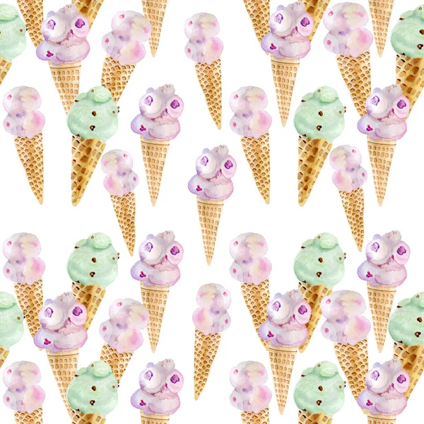 Seamless Pattern Digital Paper Ice Cream Cone Watercolor Handheld Fabric — Foto Stock