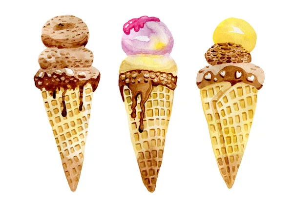 Delicious chocolate banana berry in a cone with chocolate glaze ice cream watercolor illustration — Fotografia de Stock