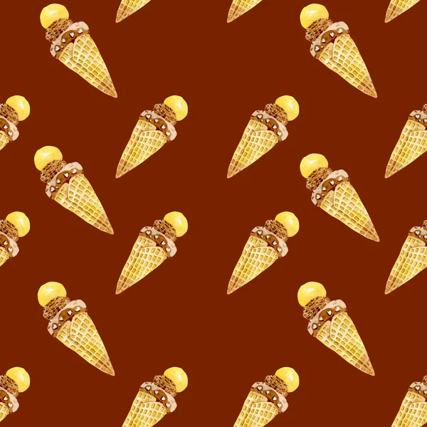 Ice cream in a cone seamless pattern digital paper wallpaper fabric background watercolor by hand — Fotografia de Stock