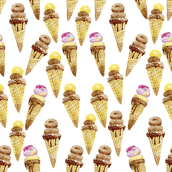 Crème glacée dans un cône motif sans couture papier peint numérique fond de tissu aquarelle à la main — Photo