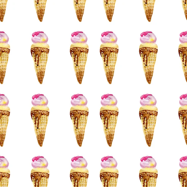 Ice cream in a cone seamless pattern digital paper wallpaper fabric background watercolor by hand — Fotografia de Stock