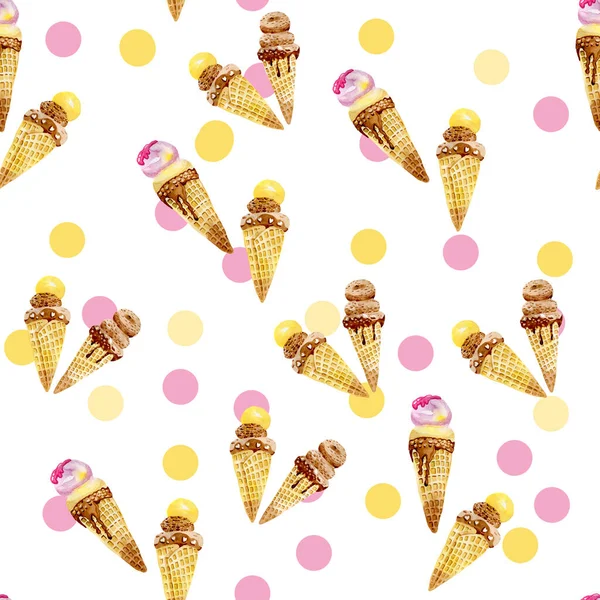Ice cream in a cone seamless pattern digital paper wallpaper fabric background watercolor by hand — Fotografia de Stock