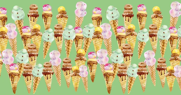 Summer ice cream background horizontal banner watercolor food illustration — Fotografia de Stock