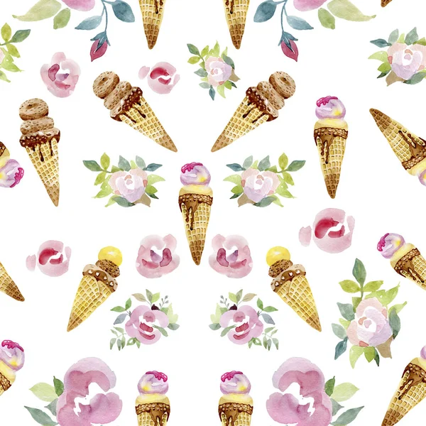 Rose Flowers Ice Cream Cone Seamless Pattern Fabric Wallpaper Background Watercolor by Hand