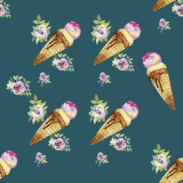 Rose Flowers Ice Cream Cone Seamless Pattern Fabric Wallpaper Background Watercolor by Hand — Zdjęcie stockowe