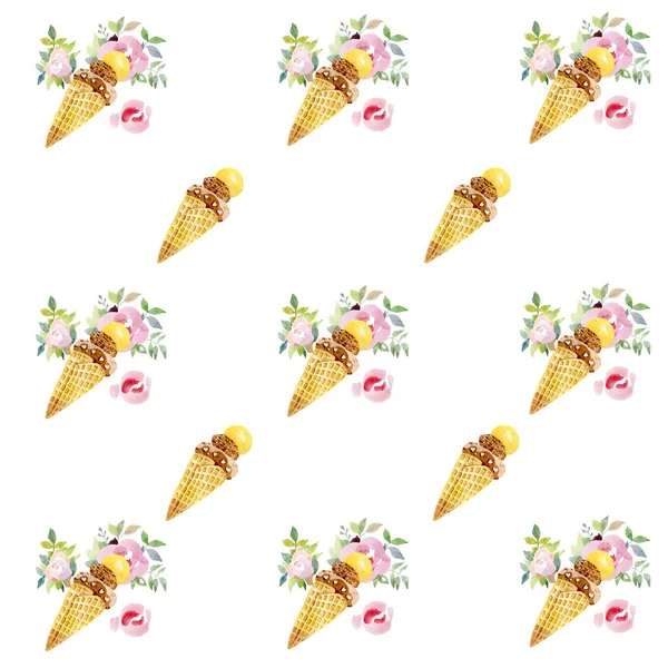 Rosa flores Ice Cream Cone sem costura padrão tecido papel de parede fundo aquarela à mão — Fotografia de Stock