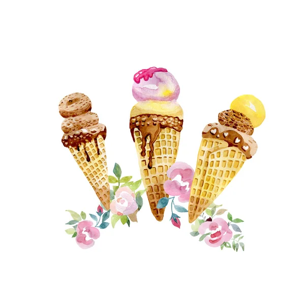 Chocolate Strawberry Berry Ice Cream Cone Rose Flowers Watercolor Square Composition — Stock Photo, Image