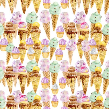 Kadife mor sakin pembe narin yeşil dondurmalı kekler sulu boya desensiz tatlılar