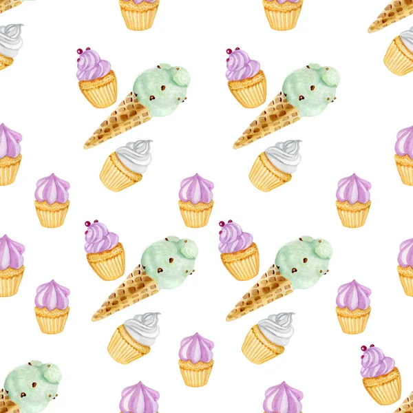 ベルベット紫穏やかなピンク繊細な緑のアイスクリームカップケーキお菓子水彩シームレスパターン — ストック写真