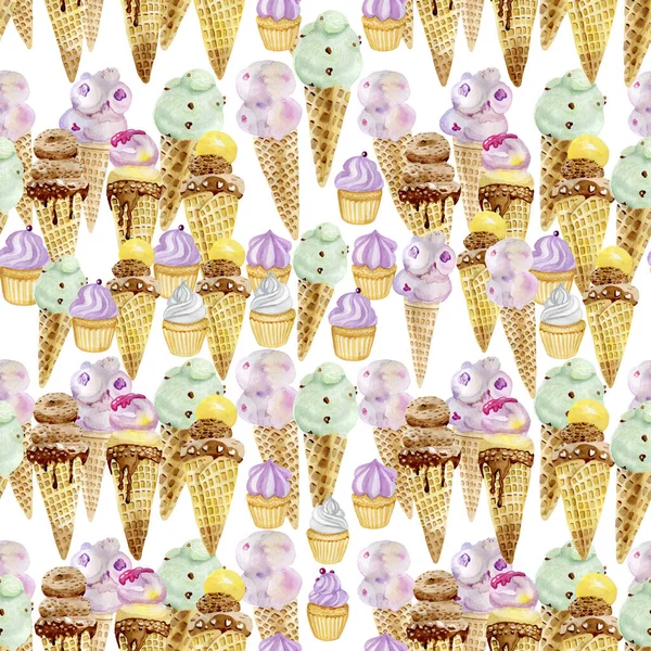 Fluweel paars kalme roze delicate groene ijs cupcakes snoep aquarel naadloos patroon — Stockfoto